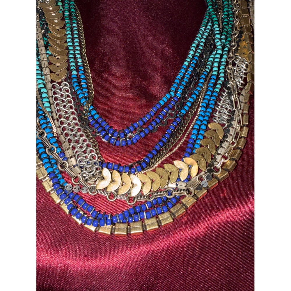 Multi‎ Strand Seed Bead Statement Necklace Teal Blue Mixed Metal Boho Bib Chain